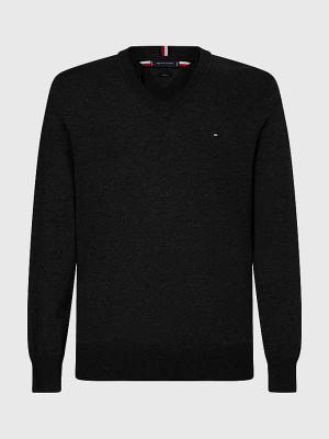 Tommy Hilfiger 1985 Essential TH Flex V-Neck Jumper Kazak Erkek Siyah | TH194HTB