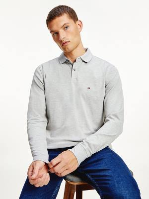 Tommy Hilfiger 1985 TH Flex Regular Fit Long Sleeve Polo Yaka Tişört Erkek Gri | TH548EAJ