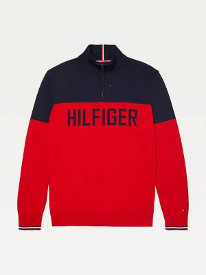 Tommy Hilfiger Adaptive Colour-Blocked Half-Zip Sweatshirt Kazak Erkek Kırmızı | TH490UNS