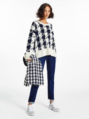 Tommy Hilfiger Alpaca Wool Houndstooth Relaxed Fit Jumper Kazak Kadın Mavi | TH415YFR