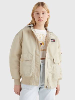 Tommy Hilfiger Badge Kukuletalı Bomber Ceket Kadın Bej Rengi | TH810QVW