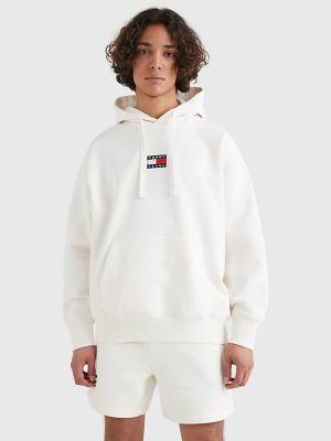 Tommy Hilfiger Badge Organic Pamuklu Kapüşonlu Sweatshirt Erkek Beyaz | TH493DLW