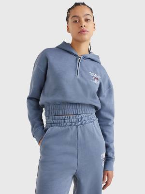 Tommy Hilfiger College Cropped Quarter-Zip Kapüşonlu Sweatshirt Kadın Mor | TH409ANJ