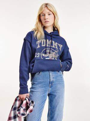 Tommy Hilfiger College Tiger Logo Relaxed Kapüşonlu Sweatshirt Kadın Mavi | TH932VBX