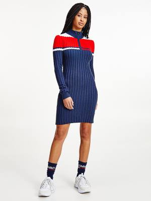 Tommy Hilfiger Colour-Blocked Half-Zip Jumper Elbise Kadın Mavi | TH140RTF