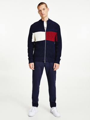 Tommy Hilfiger Colour-Blocked Zip-Thru Stripe Cardigan Kazak Erkek Mavi | TH589WTI