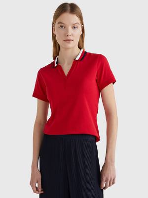 Tommy Hilfiger Contrast Collar Slim Fit Top Polo Yaka Tişört Kadın Kırmızı | TH018HMU