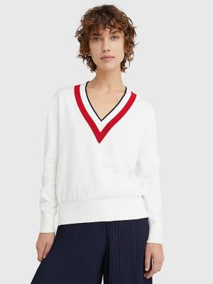 Tommy Hilfiger Contrast V Neck Jumper Kazak Kadın Beyaz | TH581TAI