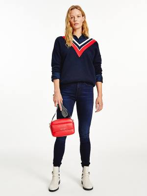 Tommy Hilfiger Contrast V-Neck Relaxed Fit Jumper Kazak Kadın Mavi | TH910UEY