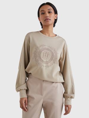 Tommy Hilfiger Crest Embroidery Relaxed Fit Sweatshirt Kadın Bej Rengi | TH231NIF