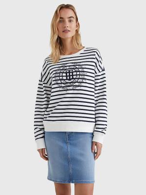 Tommy Hilfiger Crest Stripe Relaxed Sweatshirt Kadın Bej Rengi | TH436TGW