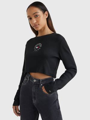 Tommy Hilfiger Cropped Logo Embroidery Long Sleeve Tişört Kadın Siyah | TH189QBD