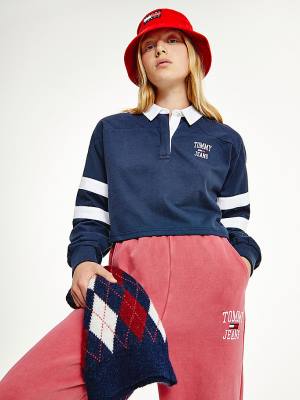 Tommy Hilfiger Cropped Rugby Polo Yaka Tişört Kadın Mavi | TH257BYU