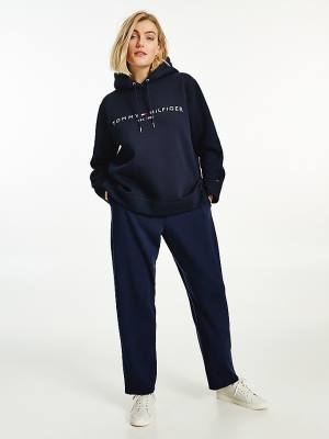 Tommy Hilfiger Curve Logo Drawstring Kapüşonlu Sweatshirt Kadın Mavi | TH840SXO