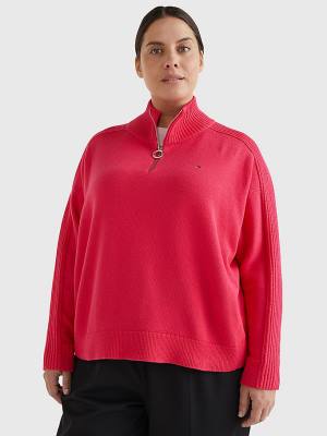 Tommy Hilfiger Curve Oversized Half-Zip High Neck Jumper Kazak Kadın Pembe | TH952TVP