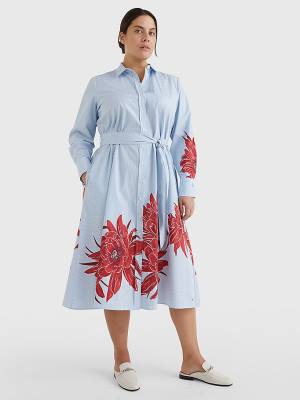 Tommy Hilfiger Curve Stripe Floral Print Midi Shirt Elbise Kadın Mavi | TH876IKN