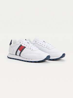 Tommy Hilfiger Deri Mix Webbing Logo Spor Ayakkabı Erkek Beyaz | TH759HIT