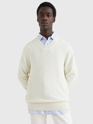 Tommy Hilfiger Elevated Textured V-Neck Jumper Kazak Erkek Beyaz | TH083WAX