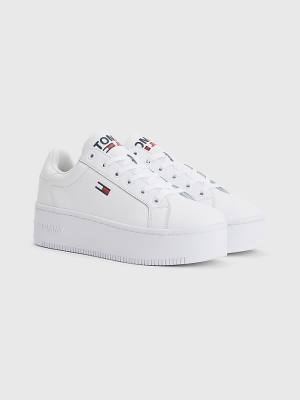 Tommy Hilfiger Essential Deri Flatform Spor Ayakkabı Kadın Beyaz | TH528WKD