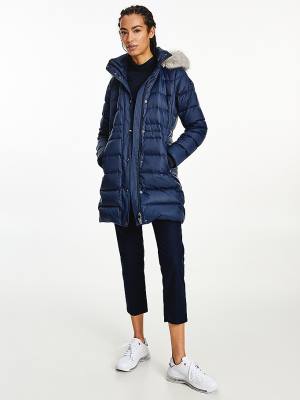 Tommy Hilfiger Essential Down-Filled Faux Fur Trim Coat Ceket Kadın Mavi | TH759UYF