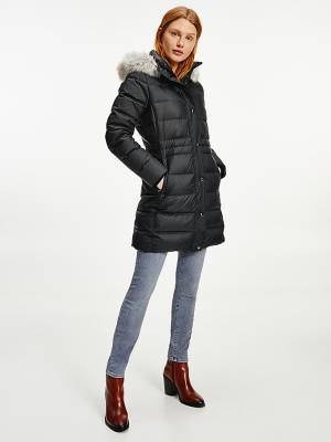 Tommy Hilfiger Essential Down-Filled Faux Fur Trim Coat Ceket Kadın Siyah | TH982GNR