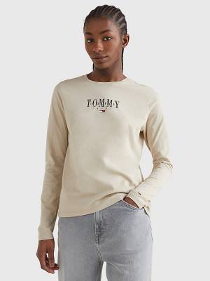 Tommy Hilfiger Essential Logo Long Sleeve Tişört Kadın Bej Rengi | TH412WVH