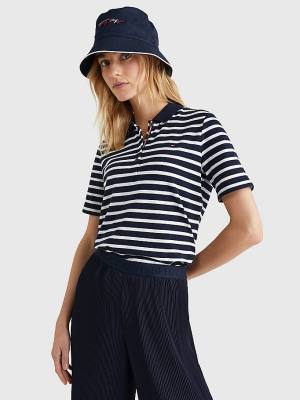 Tommy Hilfiger Essentials Stripe Polo Yaka Tişört Kadın Mavi | TH643EMP