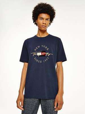 Tommy Hilfiger Exclusive Icons Organic Pamuklu Tişört Erkek Mavi | TH759TMV