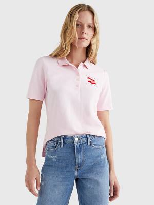 Tommy Hilfiger Flock Flag Polo Yaka Tişört Kadın Pembe | TH917HVJ