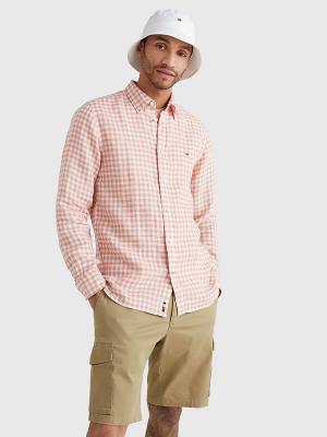 Tommy Hilfiger Gingham Regular Fit Linen Gömlek Erkek Pembe | TH259WCM