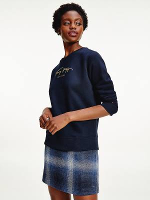 Tommy Hilfiger Gold Signature Embroidery Crew Neck Sweatshirt Kadın Mavi | TH357AHR