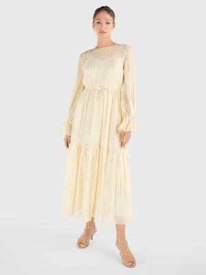 Tommy Hilfiger Gold Stripe Silk Blend Maxi Elbise Kadın Beyaz | TH360LET