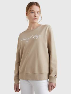 Tommy Hilfiger Graphic Crew Neck Sweatshirt Kadın Bej Rengi | TH169TQL