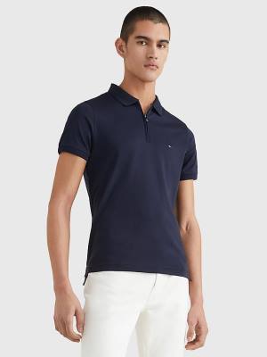 Tommy Hilfiger Half-Zip Interlock Slim Fit Polo Yaka Tişört Erkek Mavi | TH987KWE