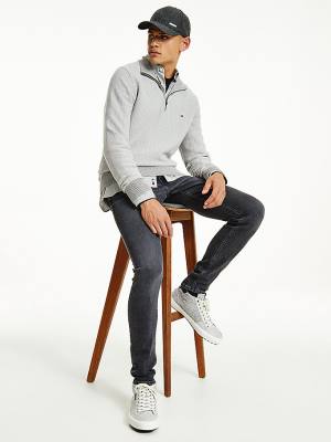 Tommy Hilfiger Herringbone Knit Half-Zip Jumper Kazak Erkek Gri | TH657BCE