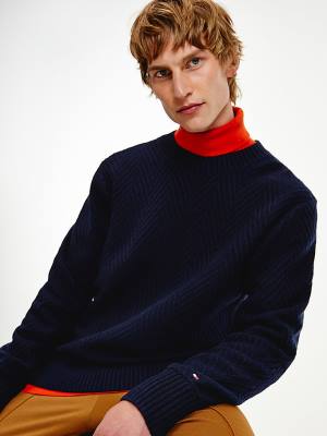 Tommy Hilfiger Herringbone Weave Relaxed Fit Jumper Kazak Erkek Mavi | TH743RTP