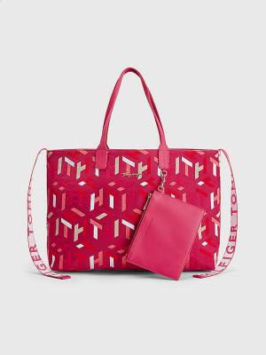 Tommy Hilfiger Iconic Monogram Embroidery Pamuklu Tote Çanta Kadın Pembe | TH853KIU