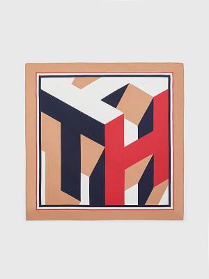 Tommy Hilfiger Iconic Monogram Silk Bandana Fular Kadın Bej Rengi | TH156UHN