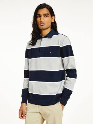 Tommy Hilfiger Iconic Stripe Rugby Shirt Polo Yaka Tişört Erkek Mavi | TH849MOJ