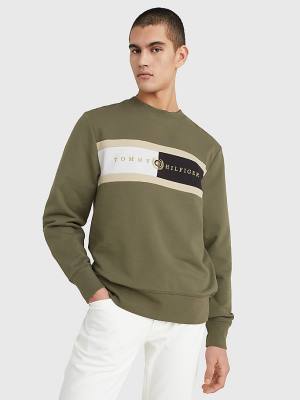 Tommy Hilfiger Icons Logo Crew Neck Sweatshirt Erkek Haki | TH028UFT