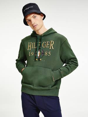 Tommy Hilfiger Icons Logo Embroidery Relaxed Fit Kapüşonlu Sweatshirt Erkek Yeşil | TH024HYR