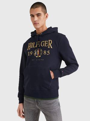 Tommy Hilfiger Icons Logo Embroidery Relaxed Fit Kapüşonlu Sweatshirt Erkek Mavi | TH658YPA