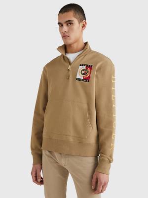 Tommy Hilfiger Icons Logo Half-Zip Kapüşonlu Sweatshirt Erkek Kahverengi | TH956TDN