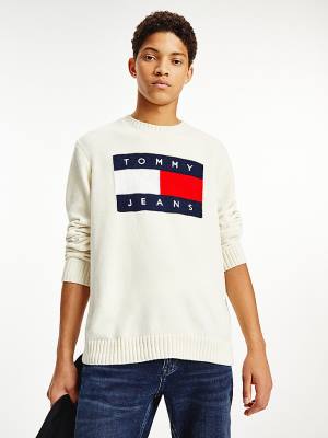 Tommy Hilfiger Intarsia Flag Relaxed Fit Jumper Kazak Erkek Beyaz | TH512HRS