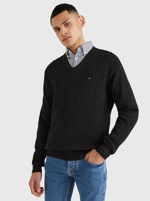 Tommy Hilfiger Knitted Grid Check V-Neck Jumper Kazak Erkek Siyah | TH147AMK