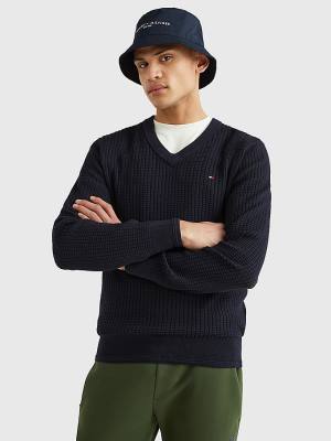 Tommy Hilfiger Knitted Grid Check V-Neck Jumper Kazak Erkek Mavi | TH193ANV