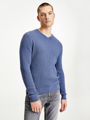 Tommy Hilfiger Knitted Grid Check V-Neck Jumper Kazak Erkek Mavi | TH815PBD