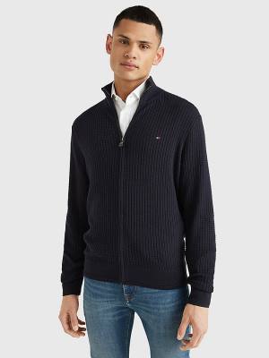 Tommy Hilfiger Knitted Grid Check Zip-Thru Jumper Kazak Erkek Mavi | TH687NIA