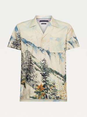 Tommy Hilfiger Landscape Print Regular Kısa Sleeve Gömlek Erkek Bej Rengi | TH512EAX