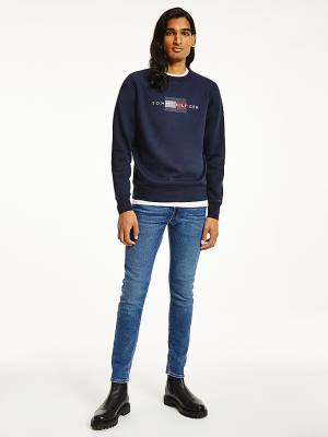 Tommy Hilfiger Logo Crew Neck Sweatshirt Erkek Mavi | TH284ZCL